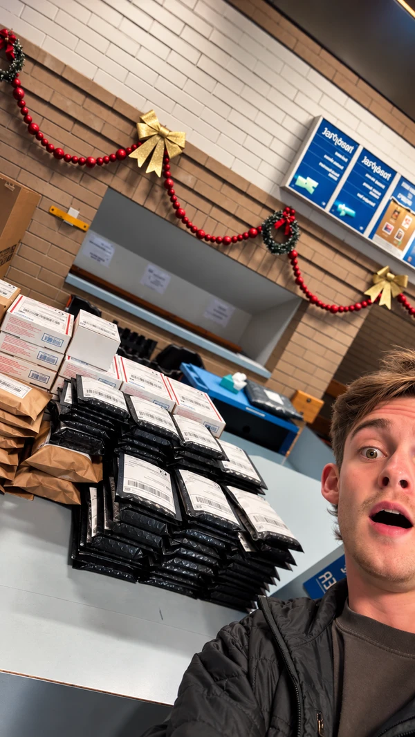 Ethan at the post office beside stacks of packaged orders